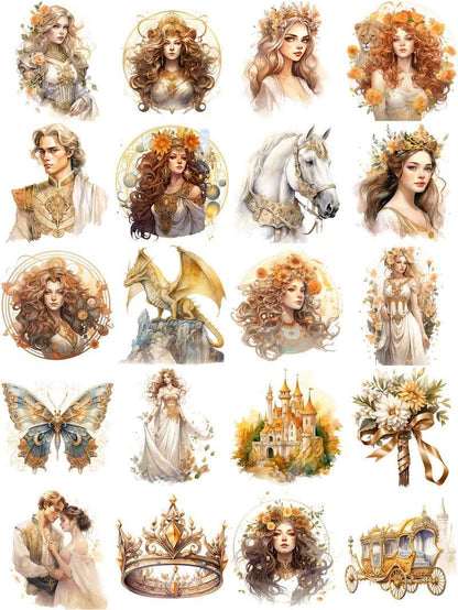 Golden Prince & Princess Fairytale Fantasy Castle Watercolor Stickers (20 Pcs) - 80d3e6-0e.myshopify.com - -  