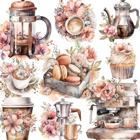 Floral Light Pink Tea, Pastries & Flowers Decorative Stickers (20 Pieces)