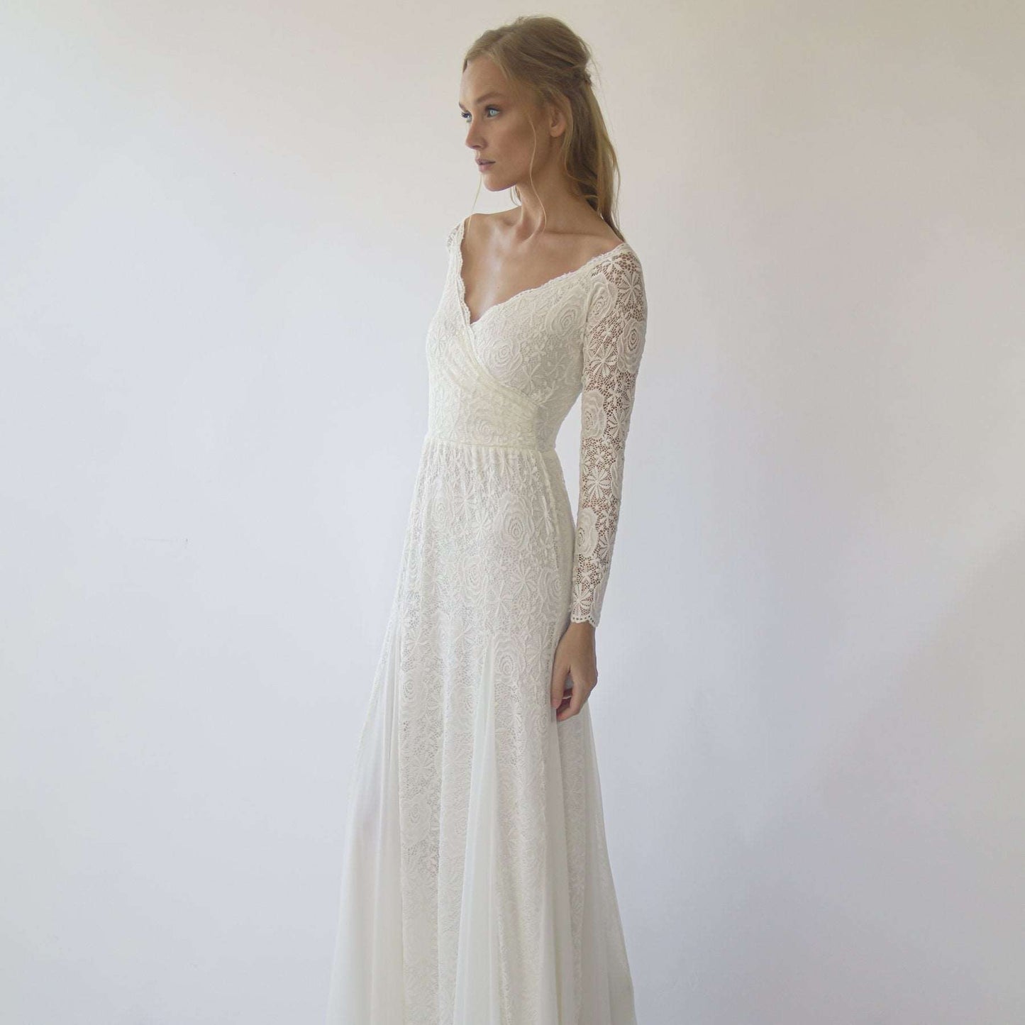 Ivory Off Shoulder Mermaid Lace Wrap Long Sleeves Wedding Dress