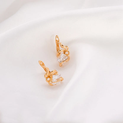 Women's Twisted Gold Stud Earrings with Geometric Cubic Zirconia Rhinestone