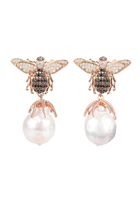 Women's Rose Gold & Baroque Pearl Honey Bee Drop Earrings