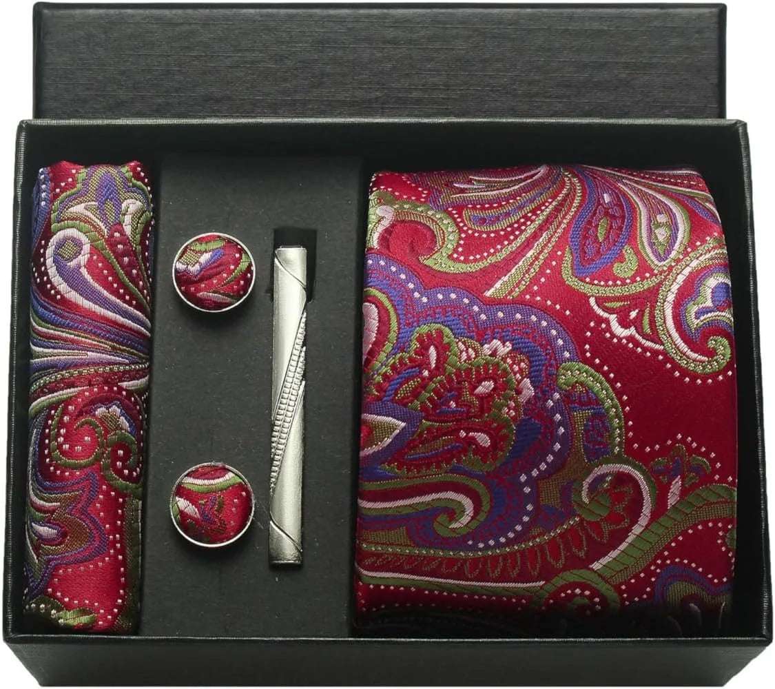 Men's Luxury Silk Paisley Floral Necktie, Pocket Square, Clip & Cufflinks Set - 80d3e6-0e.myshopify.com - BKA14 -  BKA14