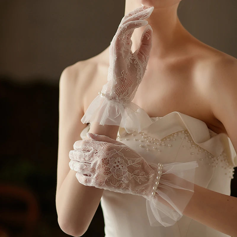 Exquisite White Lace & Faux Pearls Ruffle Edge Wrist Length Bridal Gloves