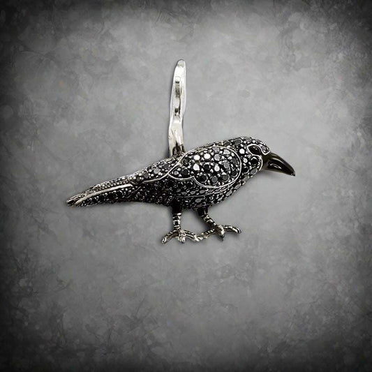 925 Sterling Silver Black Zircon Encrusted Raven Pendant Charm - Lovez Aqua© - 