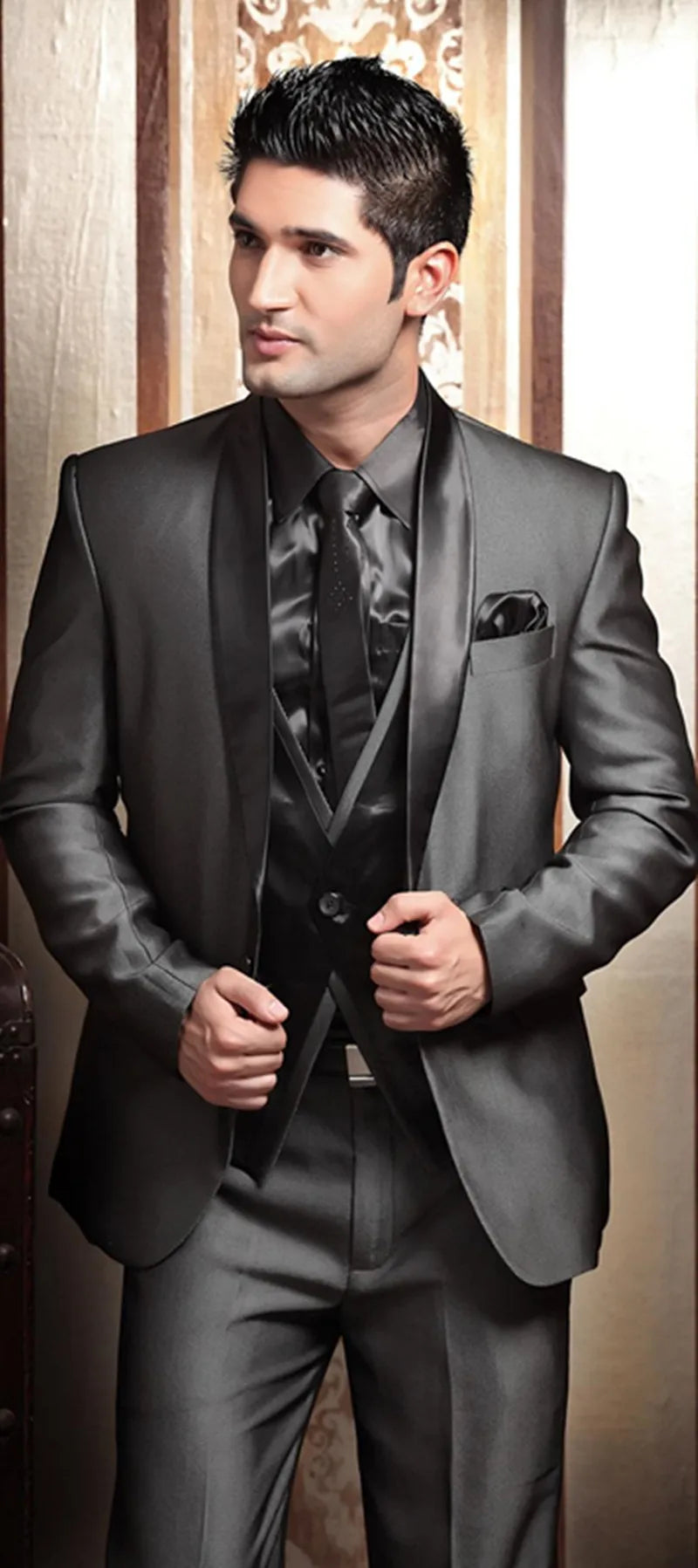 Men's Shiny Metallic Embroidered 3 Piece Suit Set (Jacket, Pants & Vest) - Lovez Aqua© - black, gray, red, silver, white