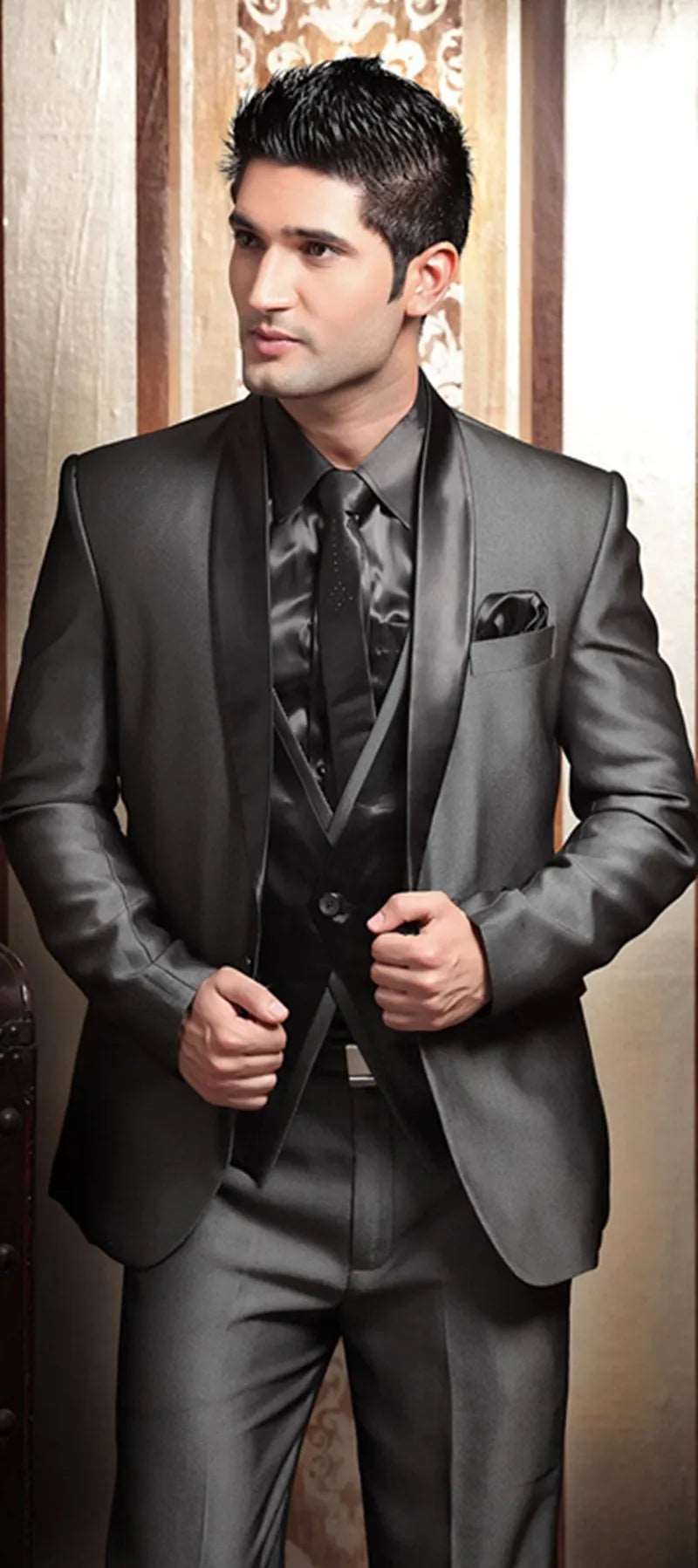 Men's Shiny Metallic Embroidered 3 Piece Suit Set (Jacket, Pants & Vest) - 80d3e6-0e.myshopify.com - Gray / XS -  Gray