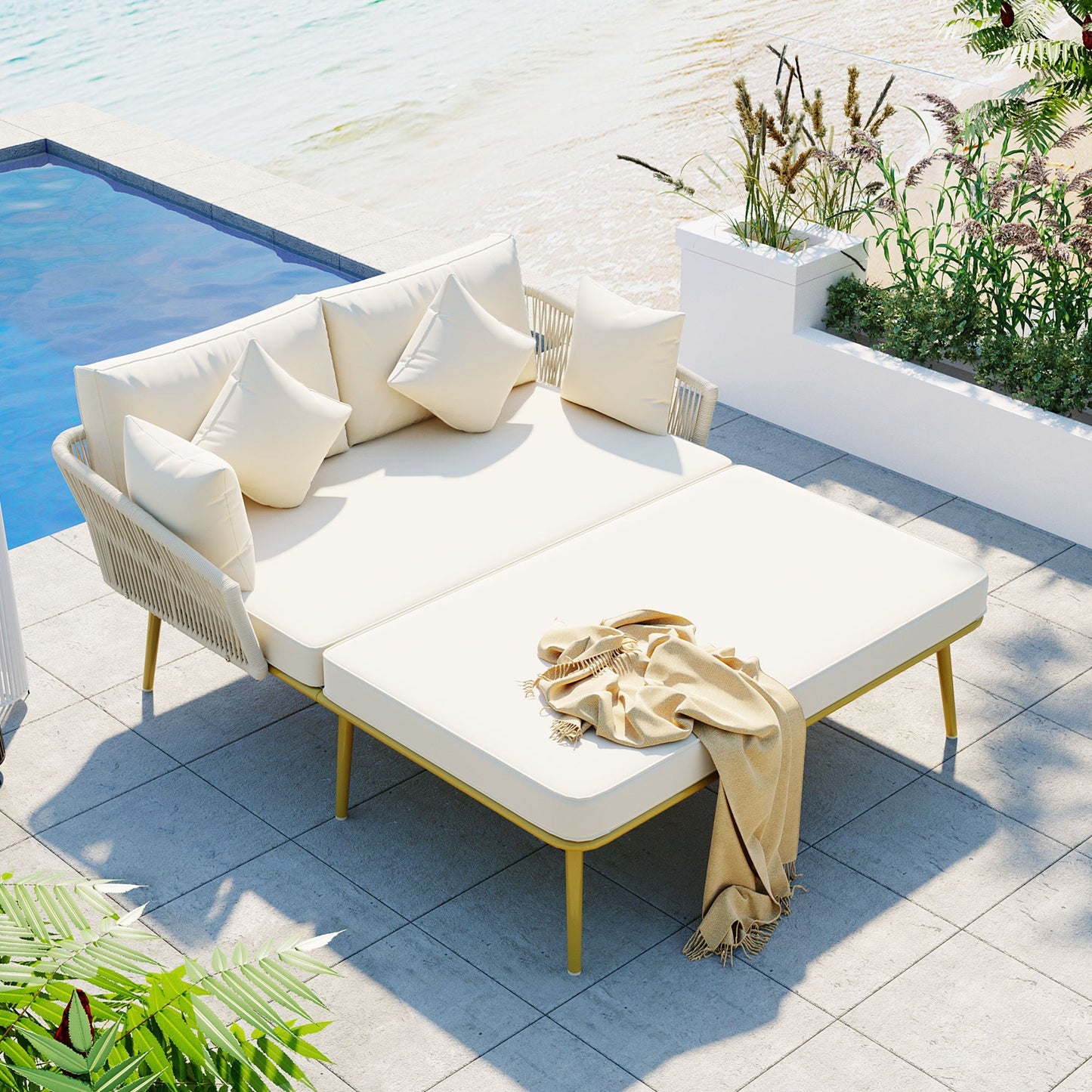 Outdoor Patio Beige Woven Nylon Two Seater Daybed with Backrest & Cushions - Lovez Aqua© - 