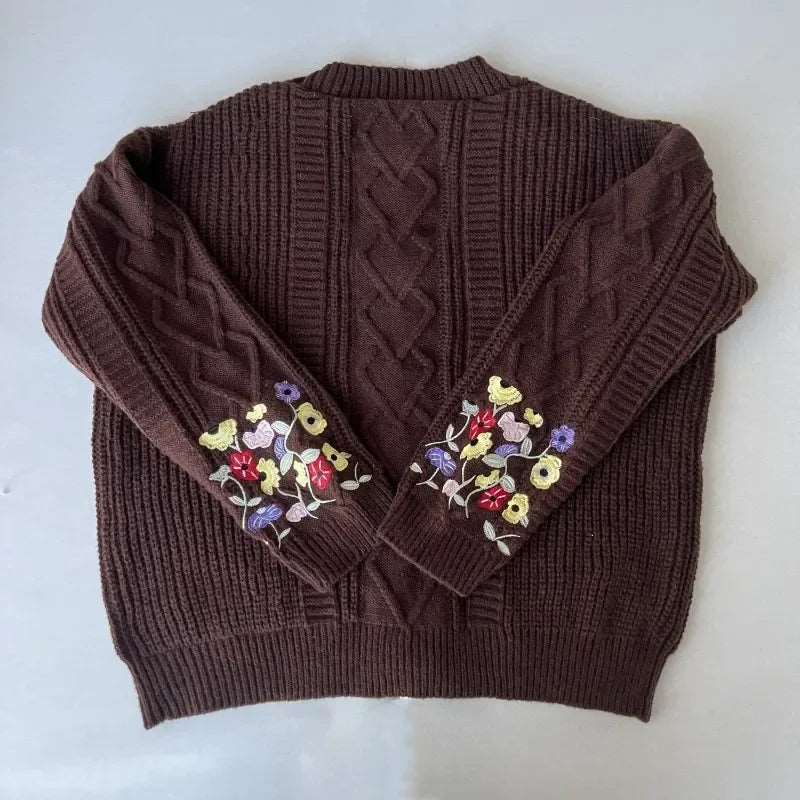 Taylor Swift Eras Tour Embroidered Wild Flowers Women's Brown Knitted Cardigan