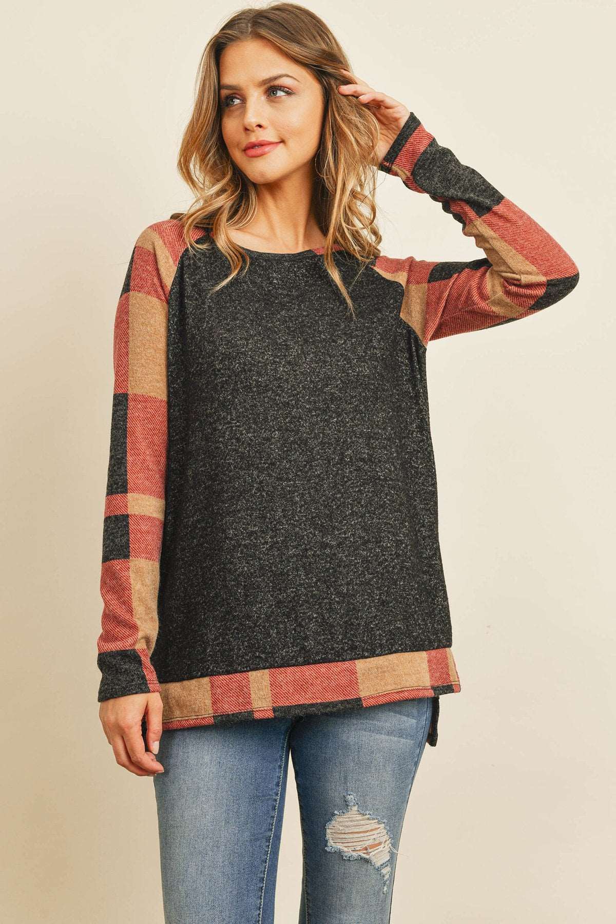 Women’s Winter Top with Hacci Plaid Pattern & Cozy Long Back Hem