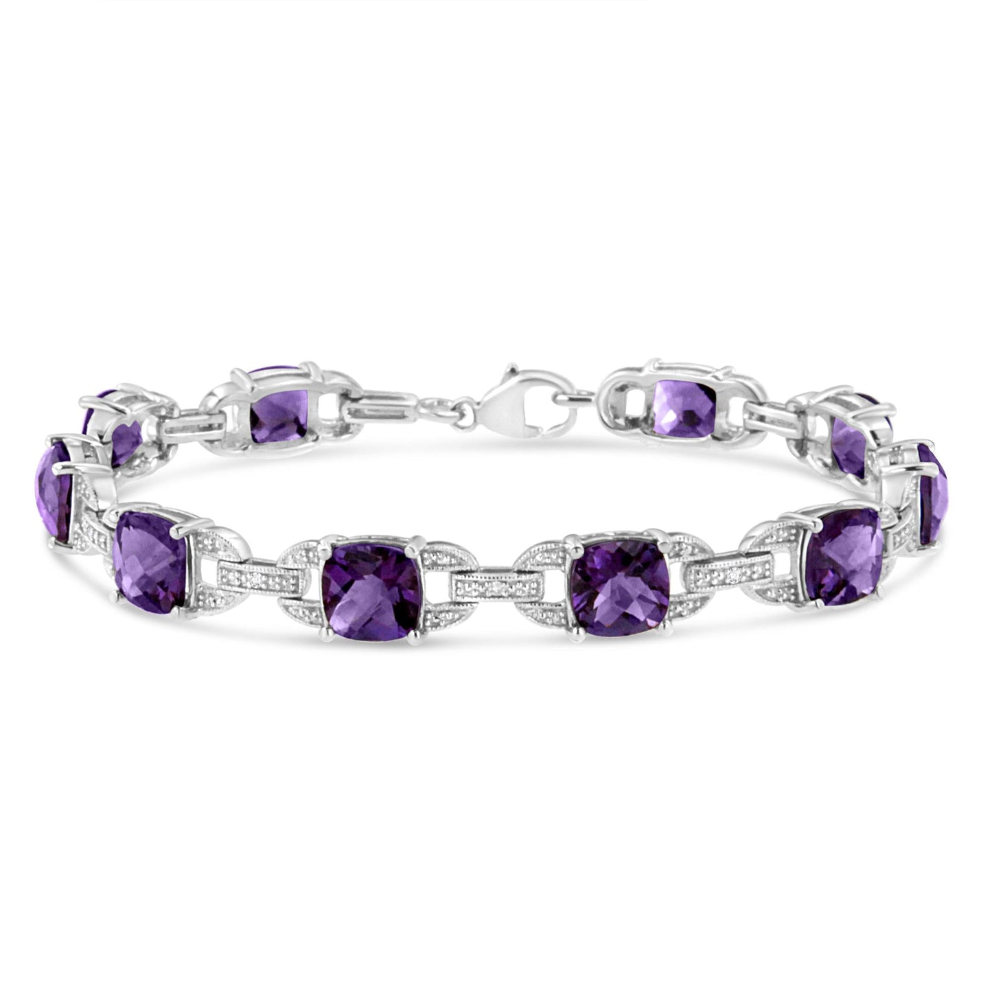 925 Sterling Silver Cushion Cut Amethyst Gemstone & Diamond Tennis Link Bracelet