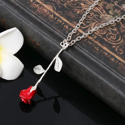 Disney's Beauty & the Beast Women's 3D Enchanted Red Rose Pendant Necklace