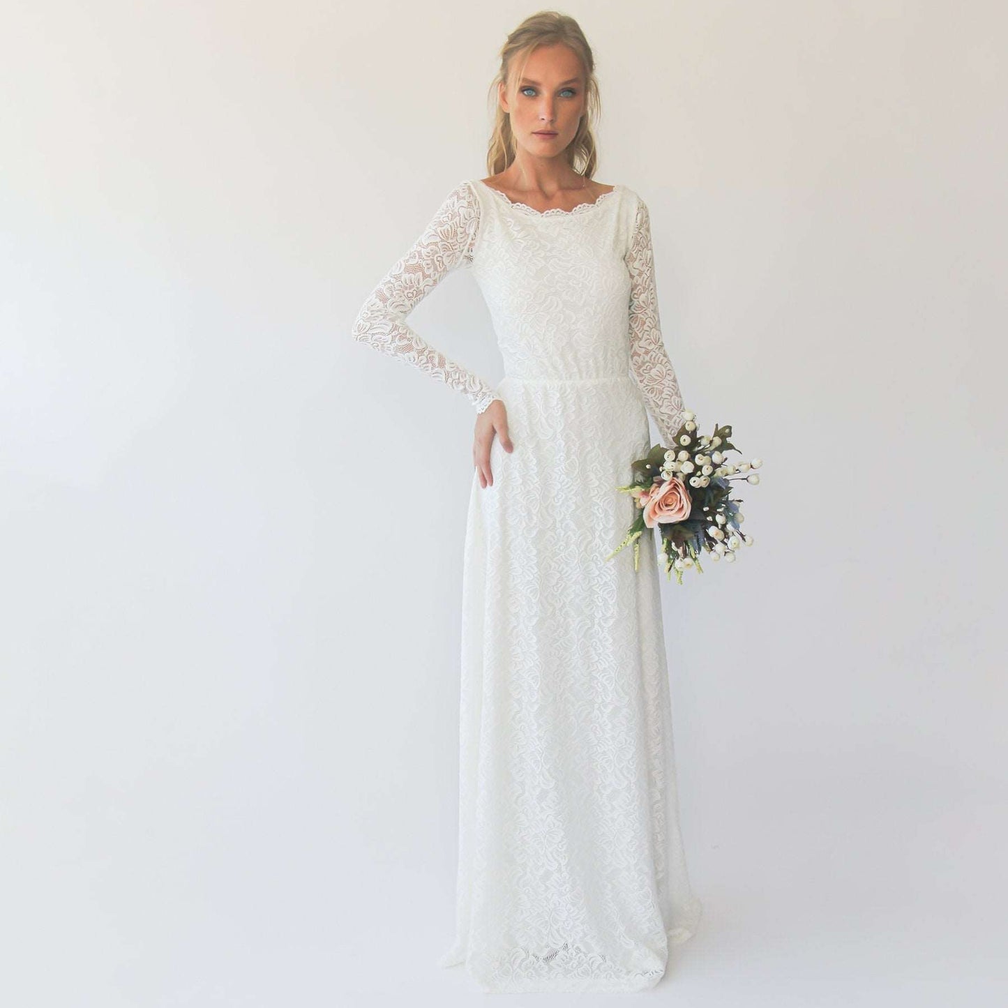 White Boat Neckline & Long Bell Lace Sleeves Modest Wedding Dress