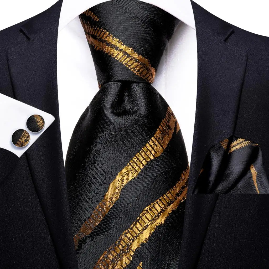 Marbled Ink Black & Gold Striped Silk Tie, Pocket Square & Cufflinks Set for Men - Lovez Aqua© - 