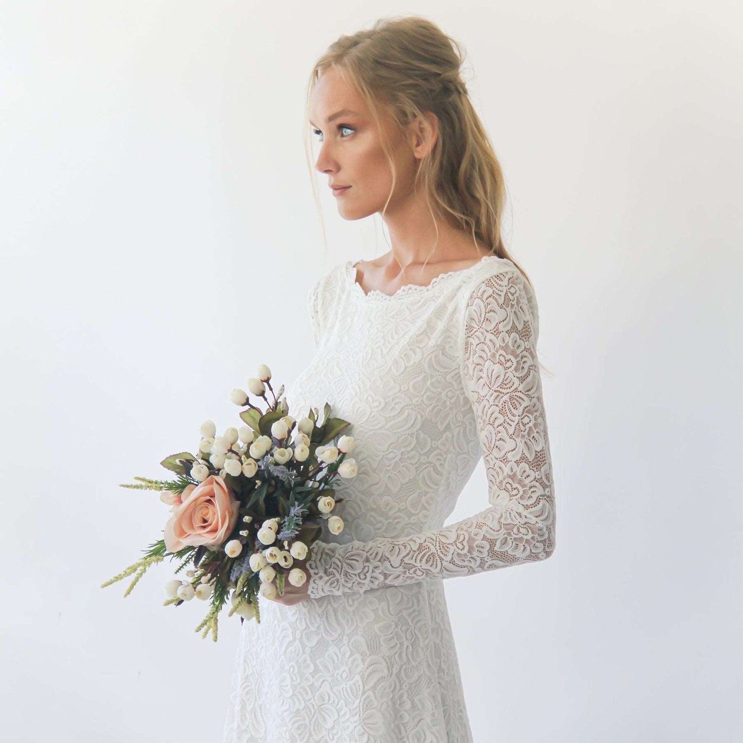 White Boat Neckline & Long Bell Lace Sleeves Modest Wedding Dress