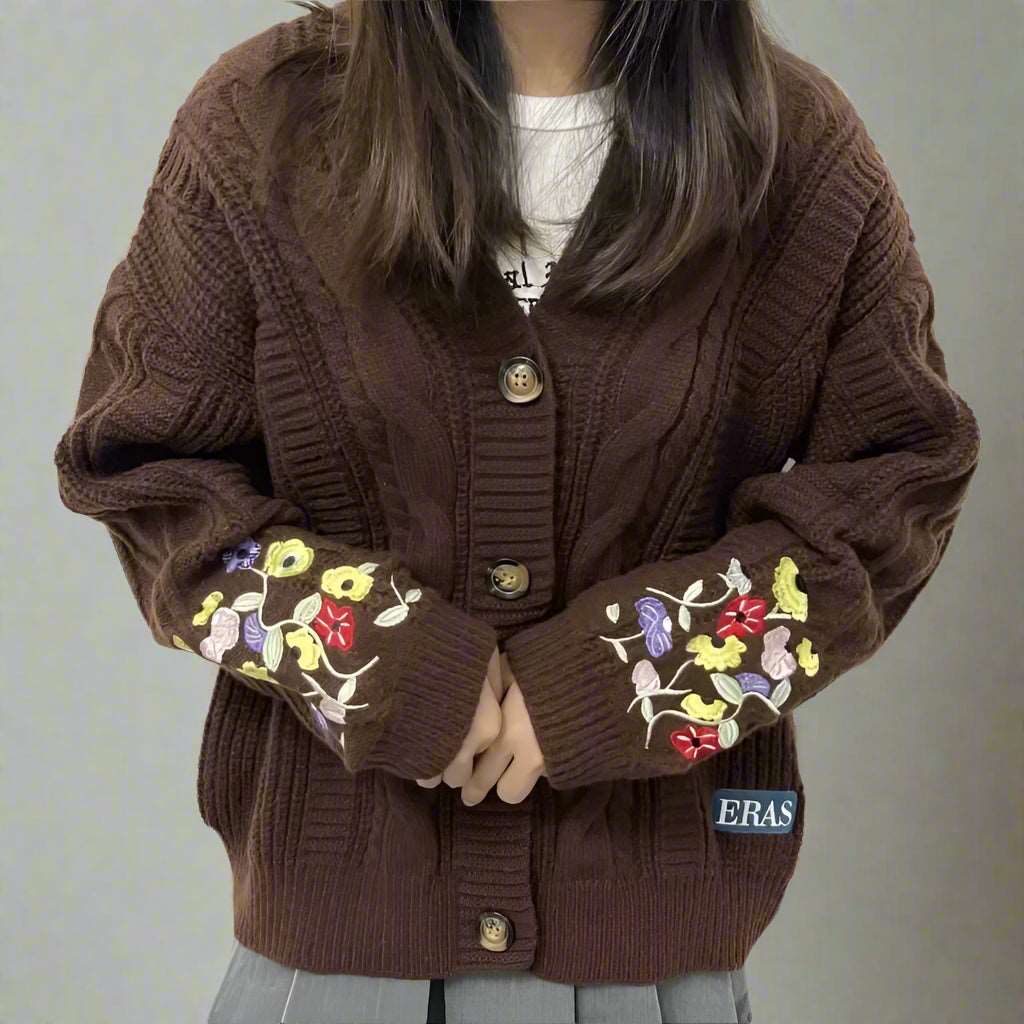 Taylor Swift Eras Tour Embroidered Wild Flowers Women's Brown Knitted Cardigan