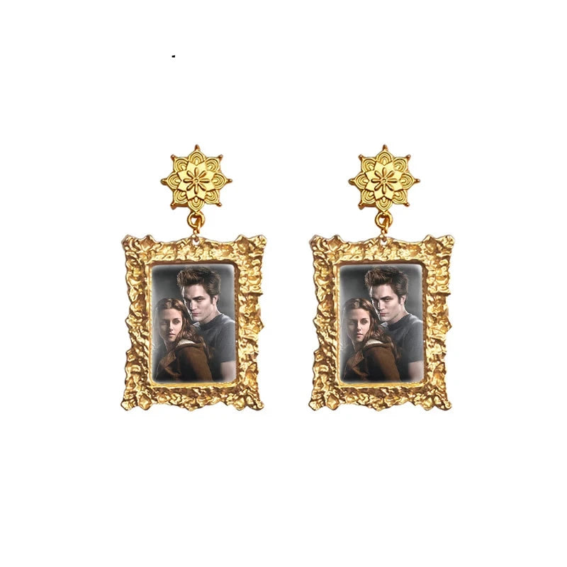 Twilight Movie Vintage Gold Framed Miniature Portrait Drop Earrings - Lovez Aqua© - bella swan, edward cullen, jacob black, robert pattinson