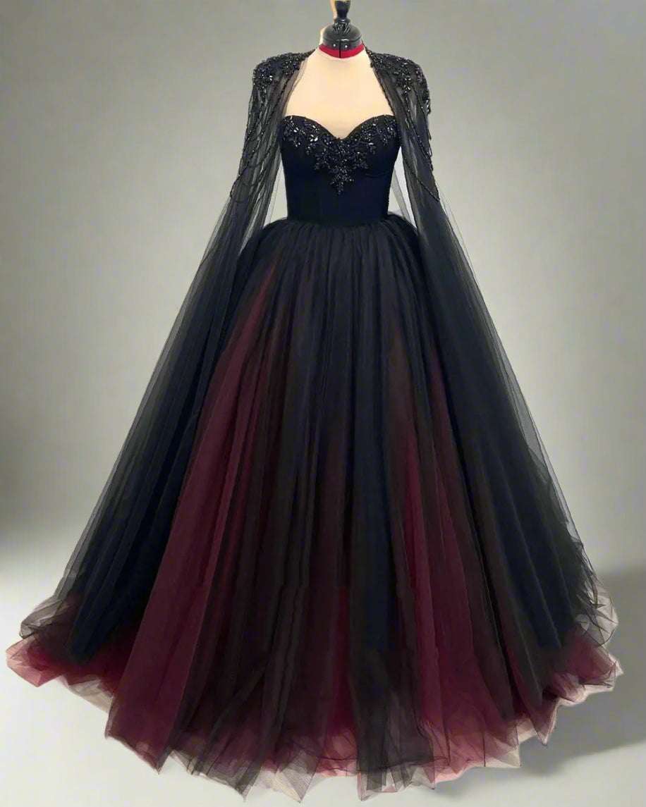 Gothic Black & Red A-Line Sleeveless Tulle Ball Gown with Dress Sequined Cape - 80d3e6-0e.myshopify.com - -  