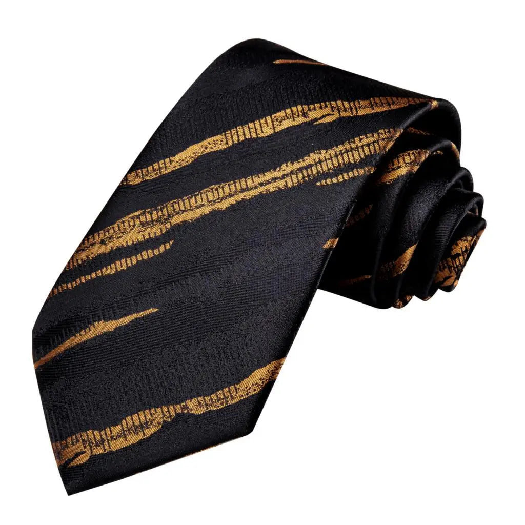 Marbled Ink Black & Gold Striped Silk Tie, Pocket Square & Cufflinks Set for Men - Lovez Aqua© - 