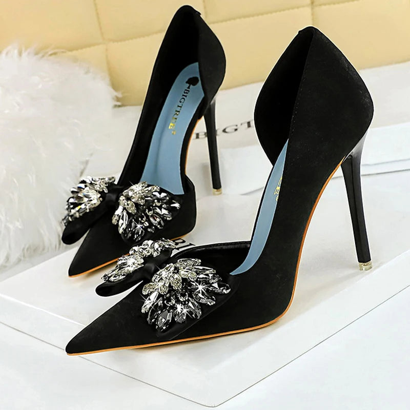 Women's Black Velvet Rhinestone Bow Pointed Toe Stiletto High Heels