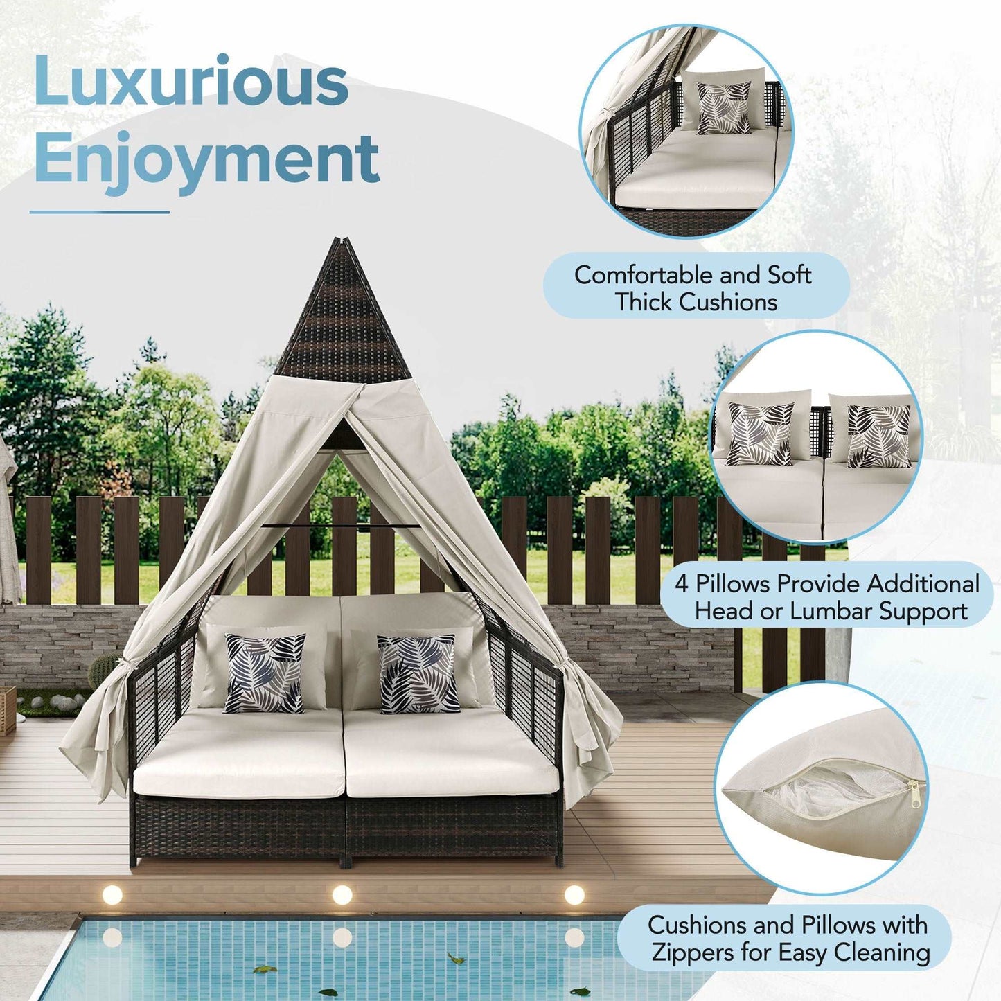 Outdoor Patio Double Lounge Sun Daybed with Adjustable Backrest & Curtains - Lovez Aqua© - 