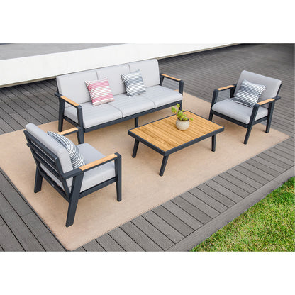 Outdoor Aluminum Teak Patio Beige Sofa 5 Seater with Wooden Coffee Table - HIGOLD - 