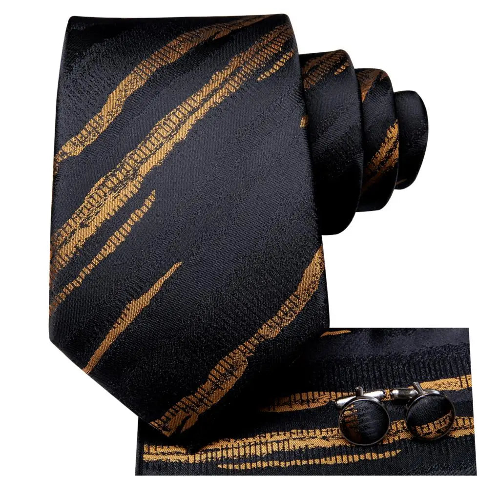 Marbled Ink Black & Gold Striped Silk Tie, Pocket Square & Cufflinks Set for Men - Lovez Aqua© - 