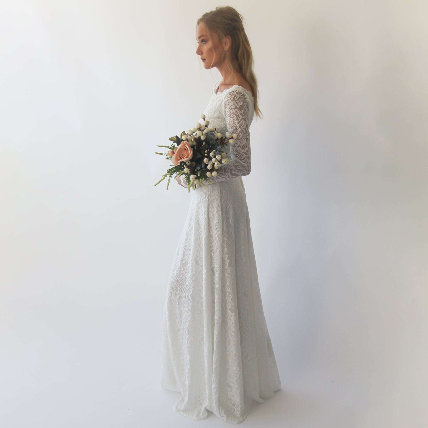 White Boat Neckline & Long Bell Lace Sleeves Modest Wedding Dress