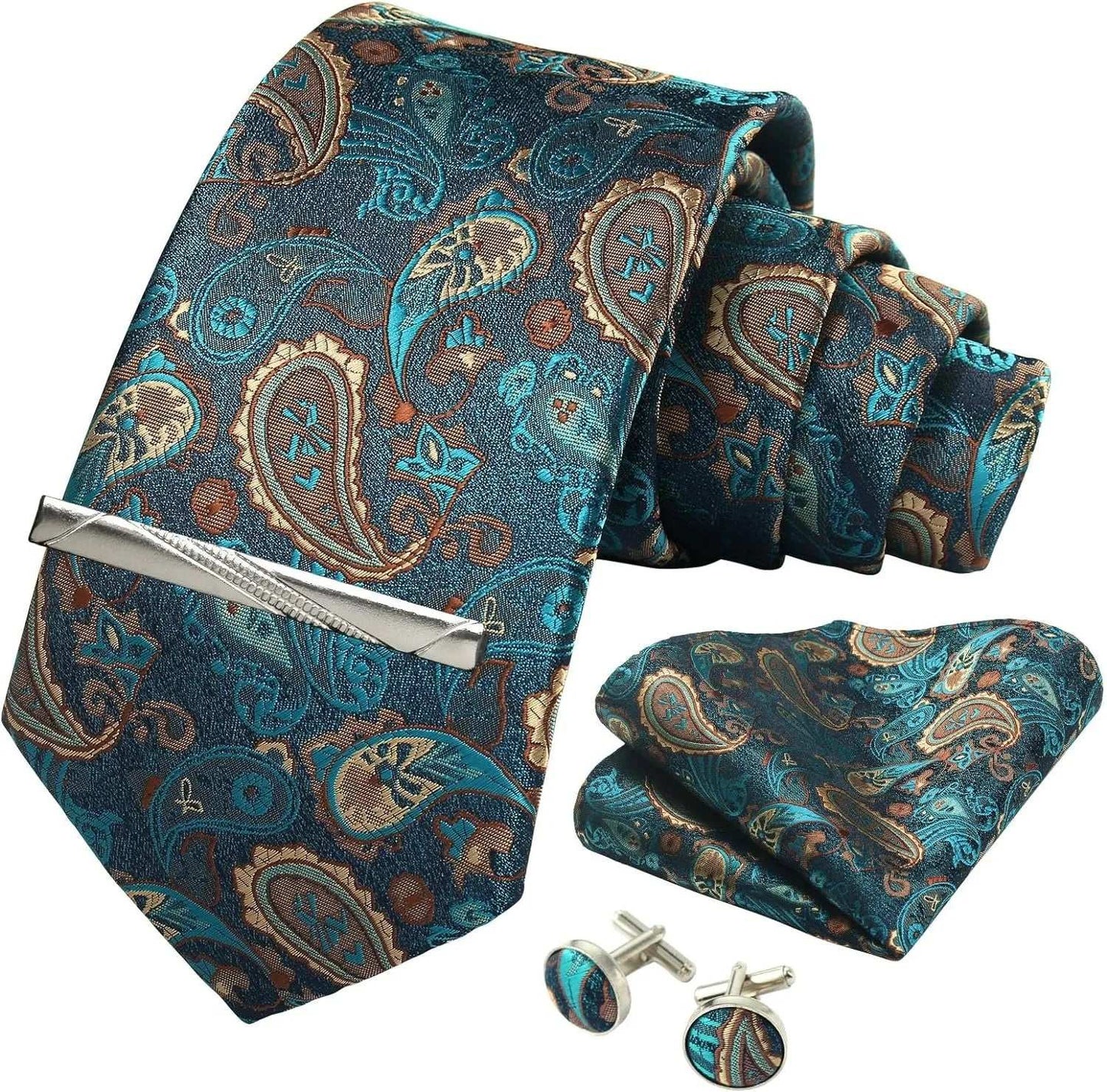 Men's Luxury Silk Paisley Floral Necktie, Pocket Square, Clip & Cufflinks Set - 80d3e6-0e.myshopify.com - -  