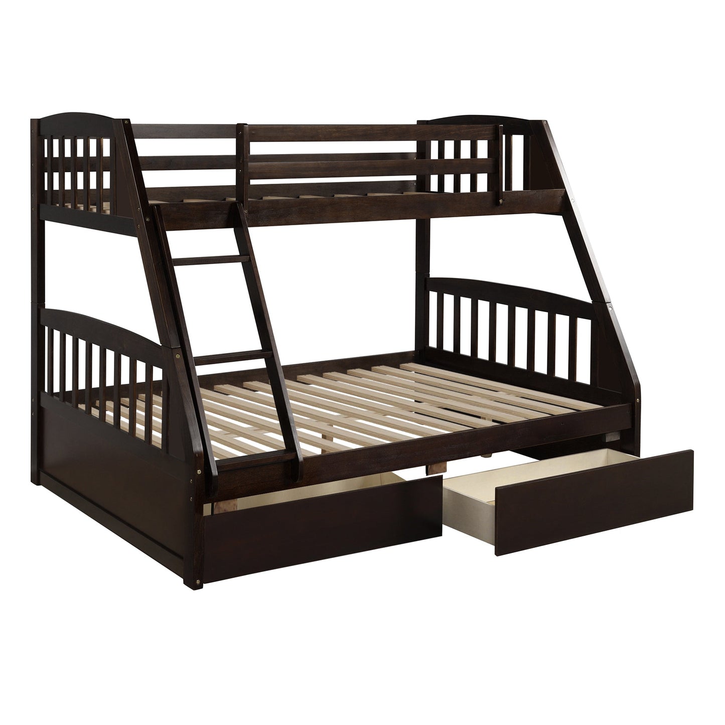 Espresso Pine Wood Twin Over Full Bunk Bed With Two Storage Drawers - Lovez Aqua© - 