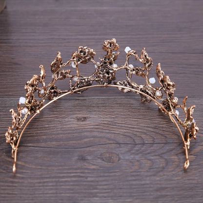 Antique Bronze & Black Crystal Bridal Hair Crown with Pearl Embellishments