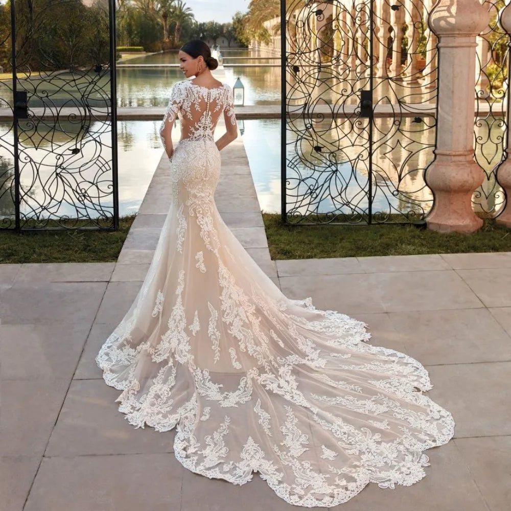 Mermaid Lace Wedding Dress with Scoop Neckline Applique Sleeves & Sweep Train