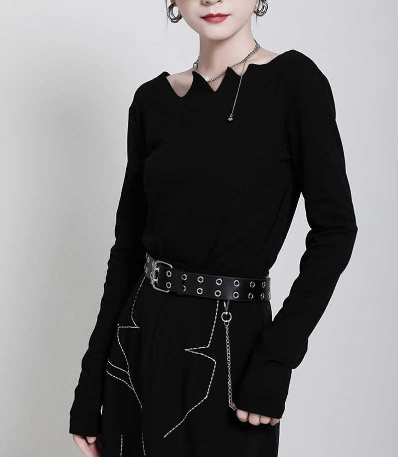 Women’s Black Punk Gothic Long Sleeve Chic Cut Out Collar Blouse