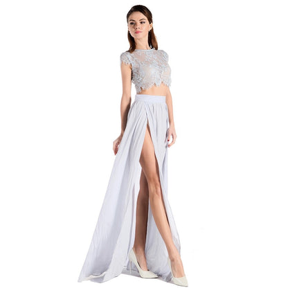 Women's Two Piece Lace Blouse & Long Slit Flowing Skirt Set