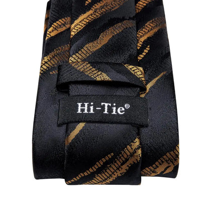 Marbled Ink Black & Gold Striped Silk Tie, Pocket Square & Cufflinks Set for Men - Lovez Aqua© - 