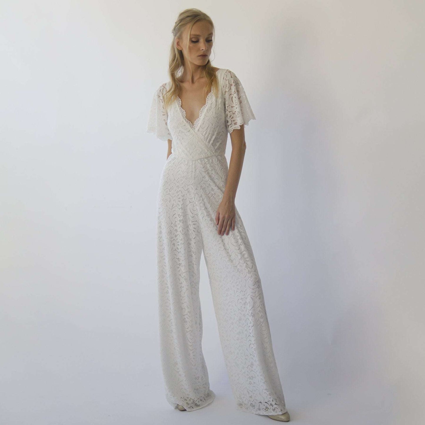 Ivory Bohemian Butterfly Sleeves Flowing Bridal Lace Jumpsuit with Flared Legs