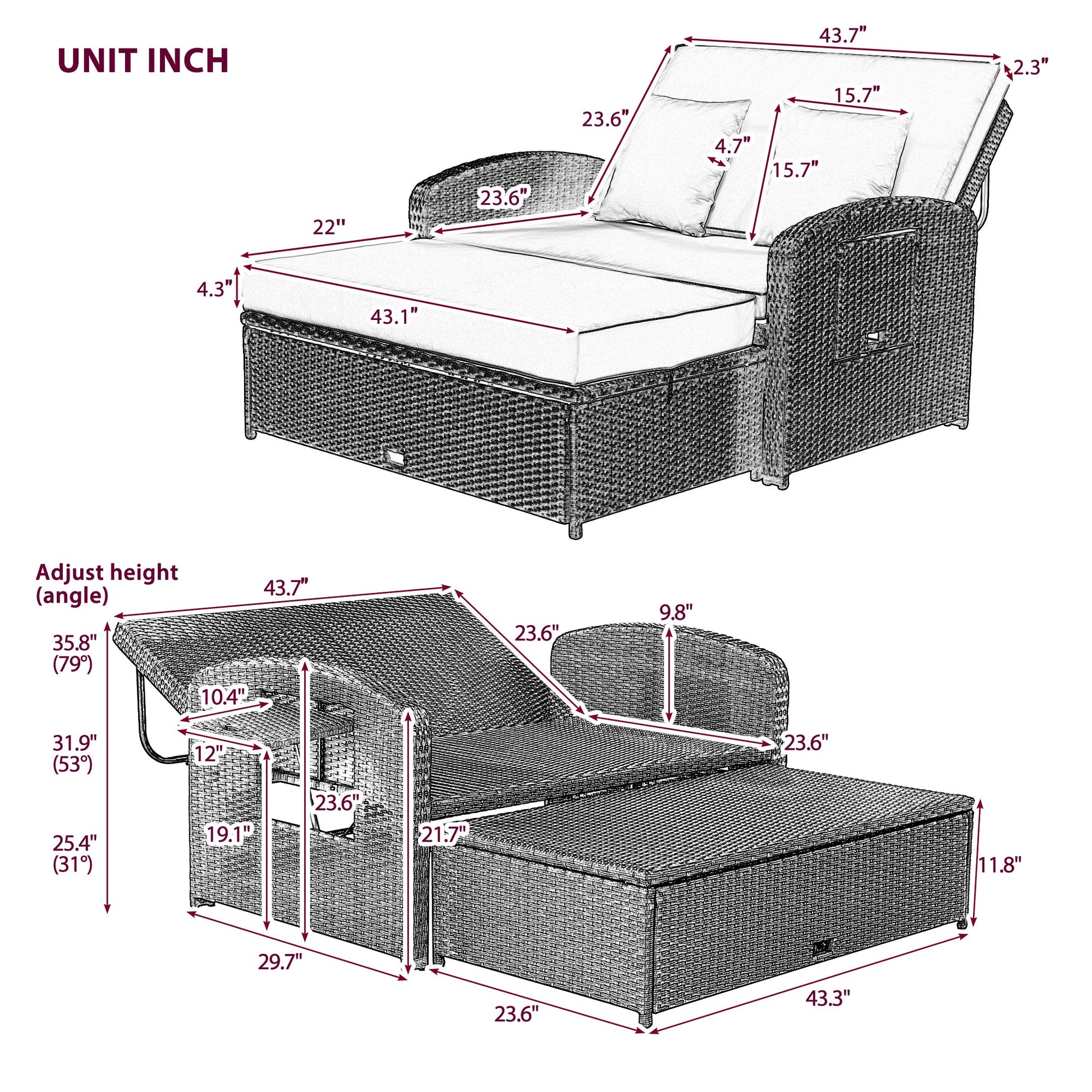 Outdoor PE Wicker Rattan Two Seater Reclining Lounge Daybed with Adjustable Back - 80d3e6-0e.myshopify.com - -  