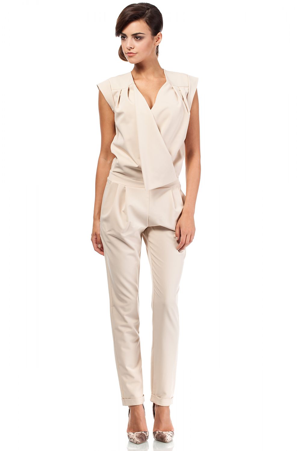 Women's Beige Sleeveless Pantsuit with Envelope Top & Pockets