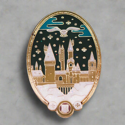 Harry Potter Snowy Winter's Night Christmas Hedwig Hogwarts Castle Brooch