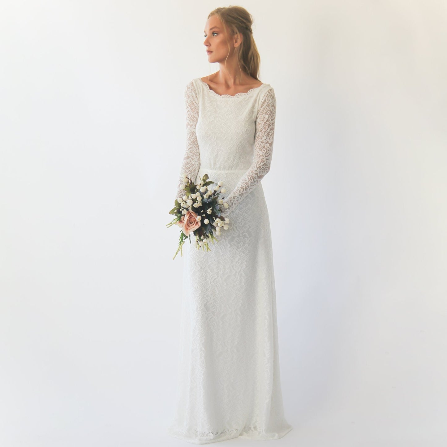 White Boat Neckline & Long Bell Lace Sleeves Modest Wedding Dress