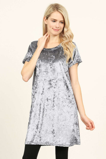 Women's Short Sleeve Relaxed Fit Crushed Velvet Tunic Dress