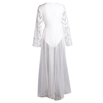 Women's Elegant White Bodysuit Dress with Sheer Overlay & Flared Sleeves