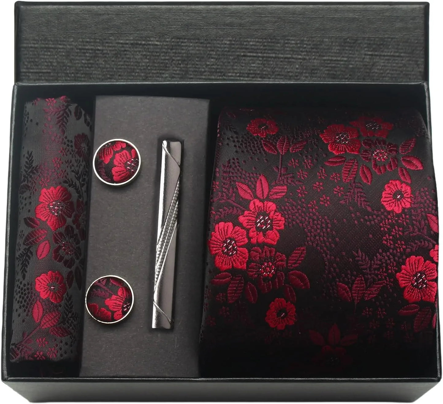 Men's Luxury Silk Paisley Floral Necktie, Pocket Square, Clip & Cufflinks Set - Lovez Aqua© - 