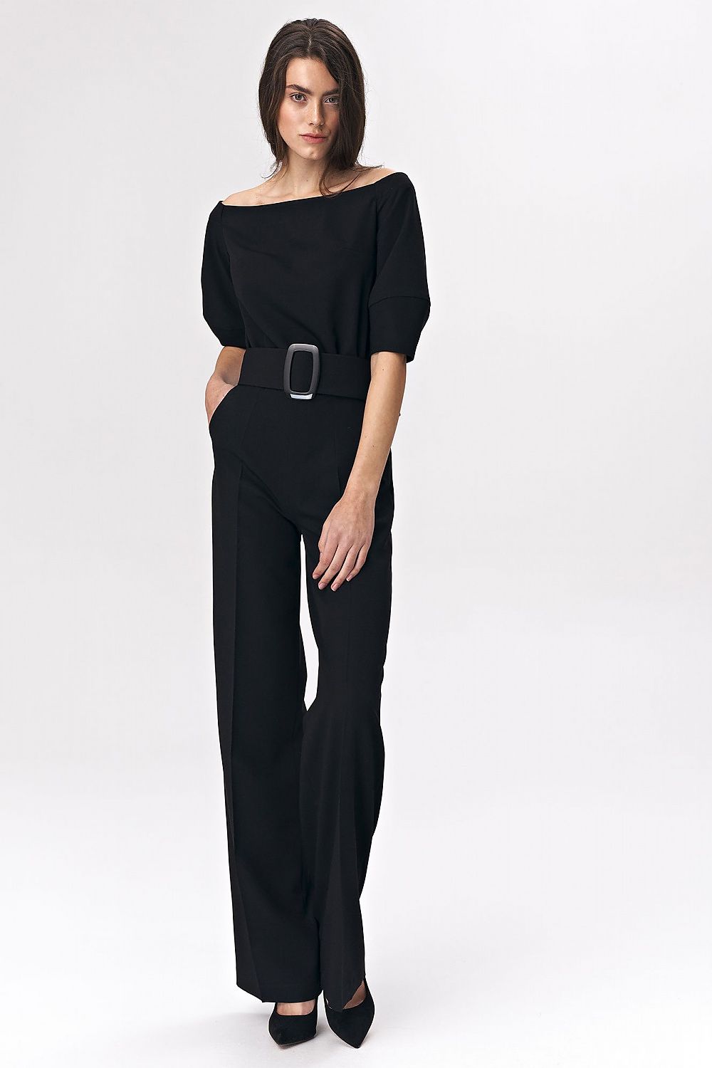 Women's Elegant Black Jumpsuit With Boat Neckline & Belted Waist