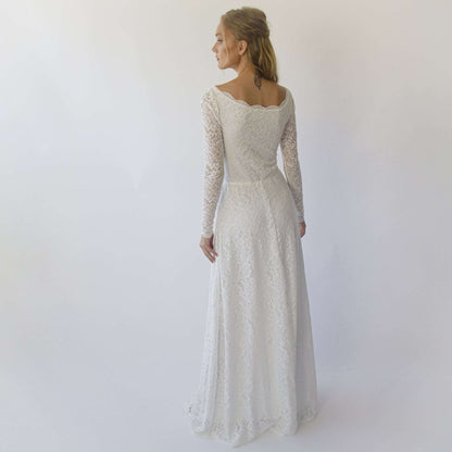 White Boat Neckline & Long Bell Lace Sleeves Modest Wedding Dress