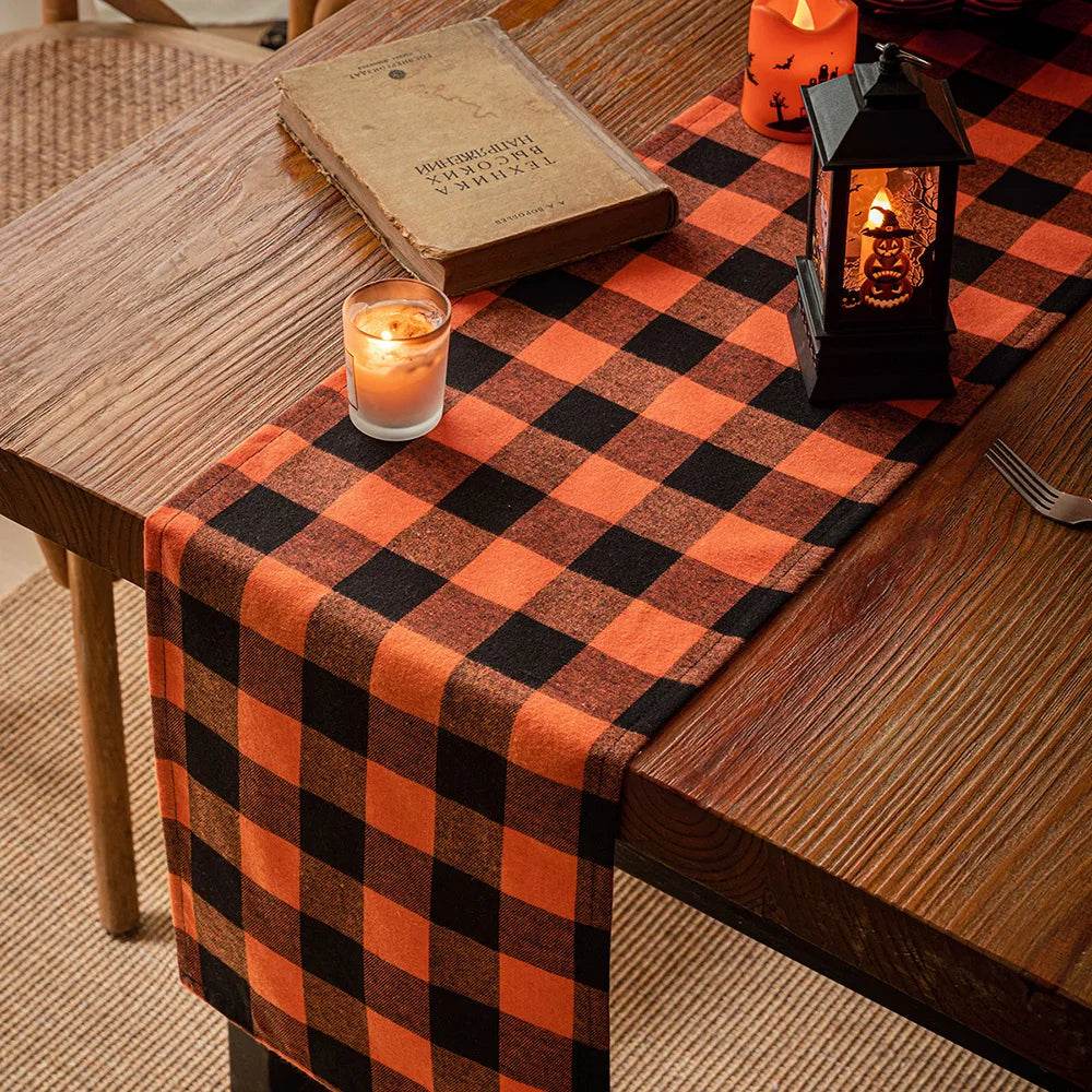 Orange & Black Halloween Holiday Decoration Farmhouse Plaid Tablecloth - Lovez Aqua© - 