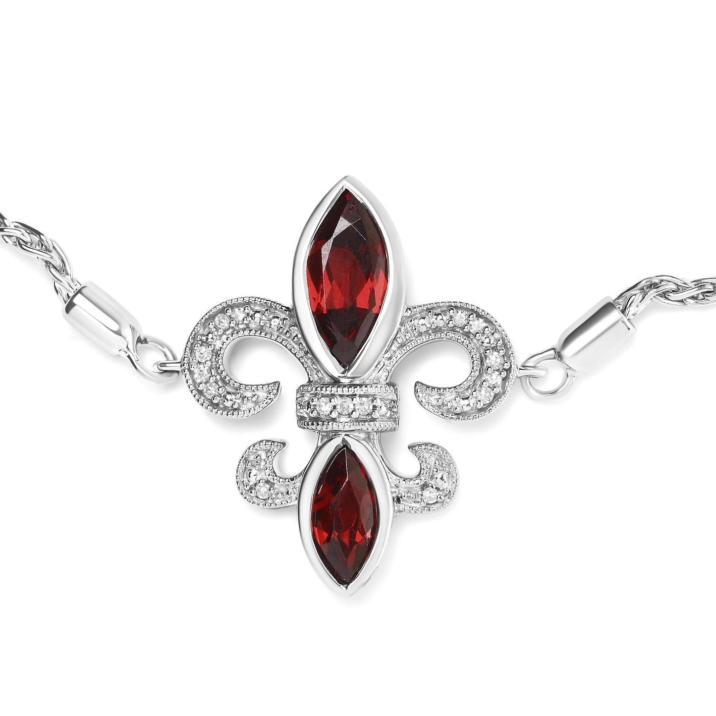 925 Sterling Silver Marquise Garnet & Diamond Lariat Fleur De Lis Bolo Bracelet