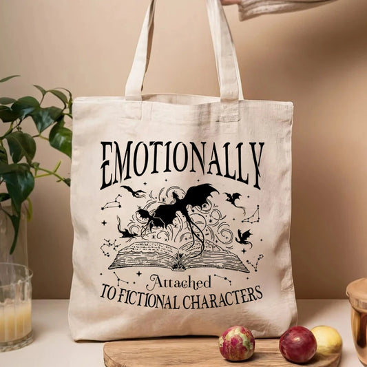 Fourth Wing "Emotionally Attached to Fictional Characters" Dragon Rider Tote Bag - Lovez Aqua© - dragon riders, violet, xaden