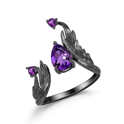 925 Sterling Silver & 1.43Ct Natural Amethyst Gemstone Angel Wings Ring