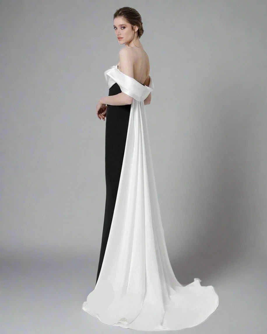 Off Shoulder Black & White Mermaid After-Party Wedding Dress With Draped Train - Lovez Aqua© - bride, evening