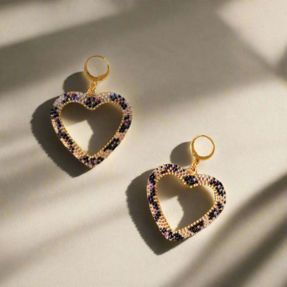 Women's 24ct Gold-Plated Glass Bead Leopard Print Heart Hoop Dangle Earrings